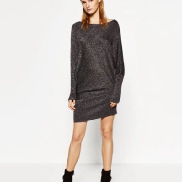 ZARA Grey Metallic Asymmetric Sweater Dress Size M - Picture 2 of 6